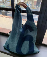 Retro Blaue Patchwork Denim Einkaufstasche mit Buchstabendruck